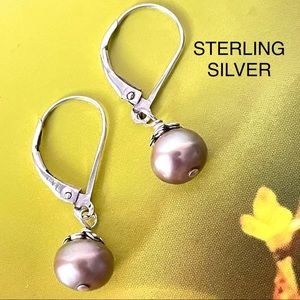 GRAY PURPLE PEARL DROP DANGLE WOMANS EARRINGS 925 STERLING SILVER FANCY LUXURY